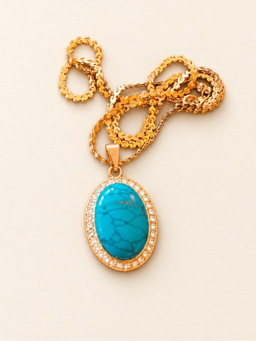 Turquoise Blue Oval Cabochon Pendant Necklace Crystal Halo Gold Tone Cairo Egypt